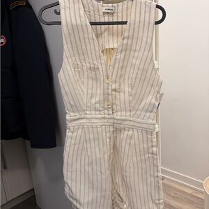 Sandro Cream and Navy Striped Linen-Blend Romper